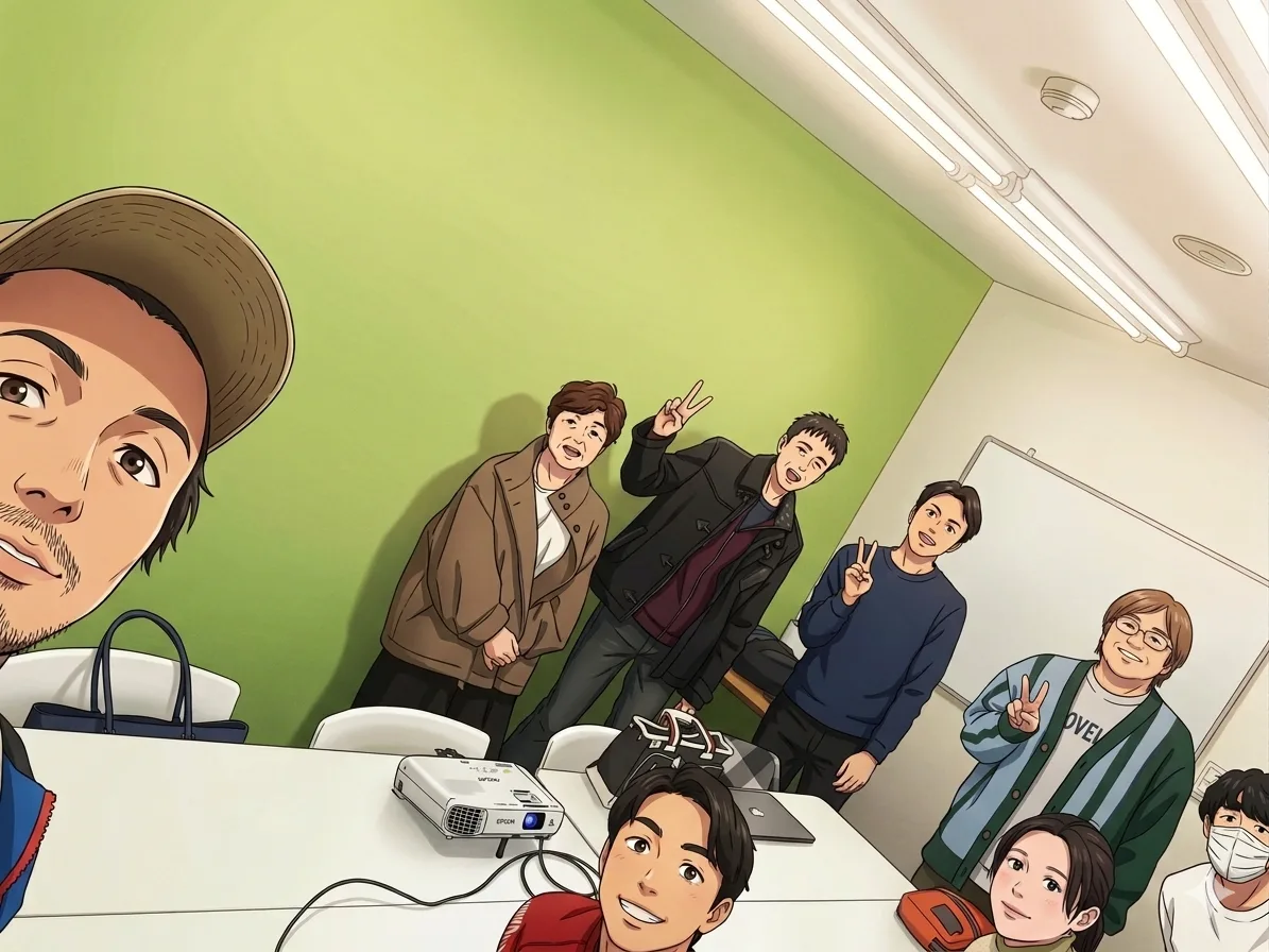 FUK AI CONNECT Vol.1 の会場の様子。プロジェクターを囲み、参加者がピースサインで写るカジュアルな1枚